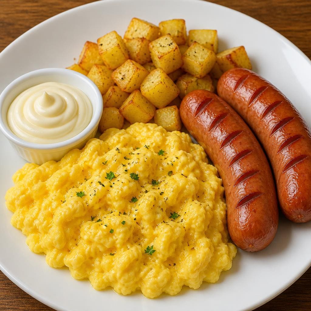 Scramble Egg Warkop 84 dengan telur, kentang, dan saus mayo
